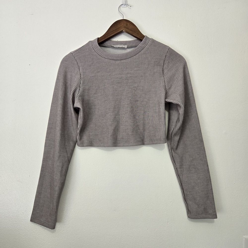 NWT Paper Crane Size XSmall Ribbed Knit Crop Top Gray White Stretchy